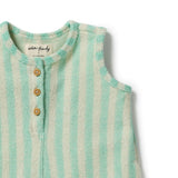 Wilson & Frenchy Seafoam Stripe Organic Terry Growsuit at Cerise. A classic Henley-style button front with mock wood buttons adds a charming, timeless detail. Practical snap closures at the crotch make nappy changes quick and easy, making this baby growsuit a convenient everyday essential for babies on the move.