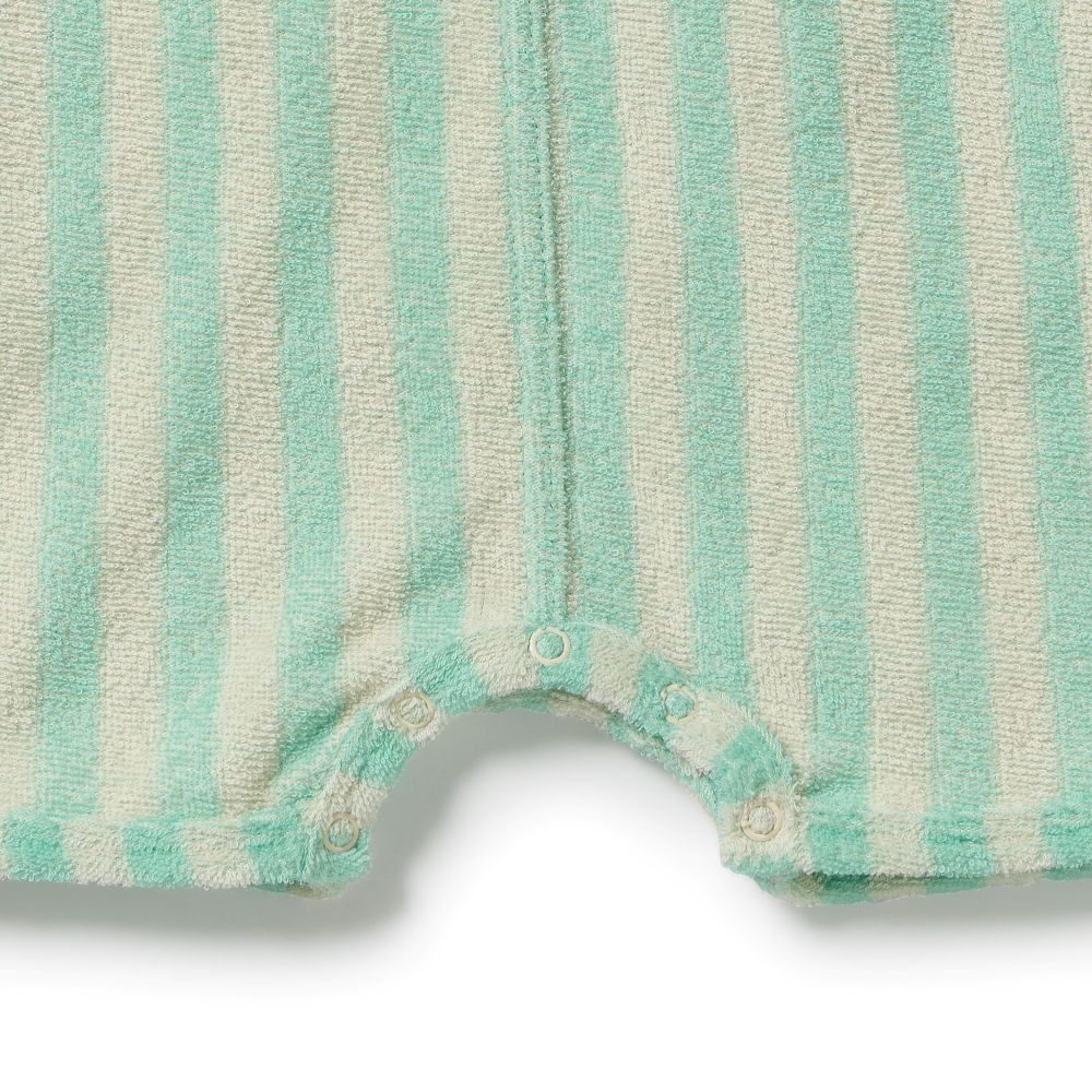 Wilson & Frenchy Seafoam Stripe Organic Terry Growsuit at Cerise. A classic Henley-style button front with mock wood buttons adds a charming, timeless detail. Practical snap closures at the crotch make nappy changes quick and easy, making this baby growsuit a convenient everyday essential for babies on the move.