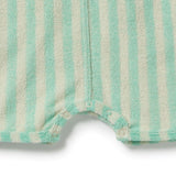 Wilson & Frenchy Seafoam Stripe Organic Terry Growsuit at Cerise. A classic Henley-style button front with mock wood buttons adds a charming, timeless detail. Practical snap closures at the crotch make nappy changes quick and easy, making this baby growsuit a convenient everyday essential for babies on the move.