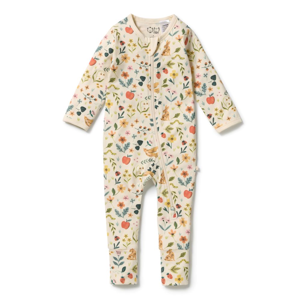Wilson & frenchy Zipsuit with Feet in Summeer Garden Print at Cerise. This practical footed zipsuit features fold-over mittens (newborn to 000) to protect baby's delicate face, enclosed feet for warmth, and a two-way zip closure for effortless nappy changes.