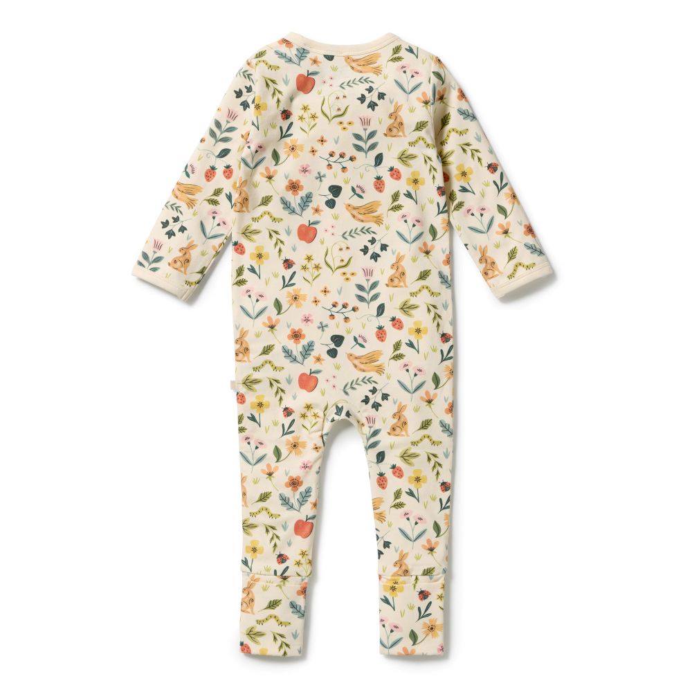 Wilson & frenchy Zipsuit with Feet in Summeer Garden Print at Cerise. This practical footed zipsuit features fold-over mittens (newborn to 000) to protect baby's delicate face, enclosed feet for warmth, and a two-way zip closure for effortless nappy changes.