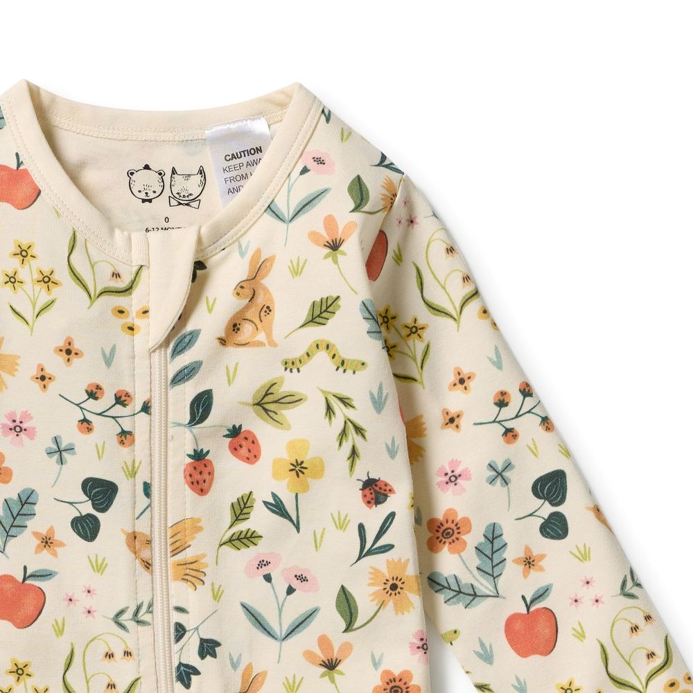 Wilson & frenchy Zipsuit with Feet in Summeer Garden Print at Cerise. This practical footed zipsuit features fold-over mittens (newborn to 000) to protect baby's delicate face, enclosed feet for warmth, and a two-way zip closure for effortless nappy changes.