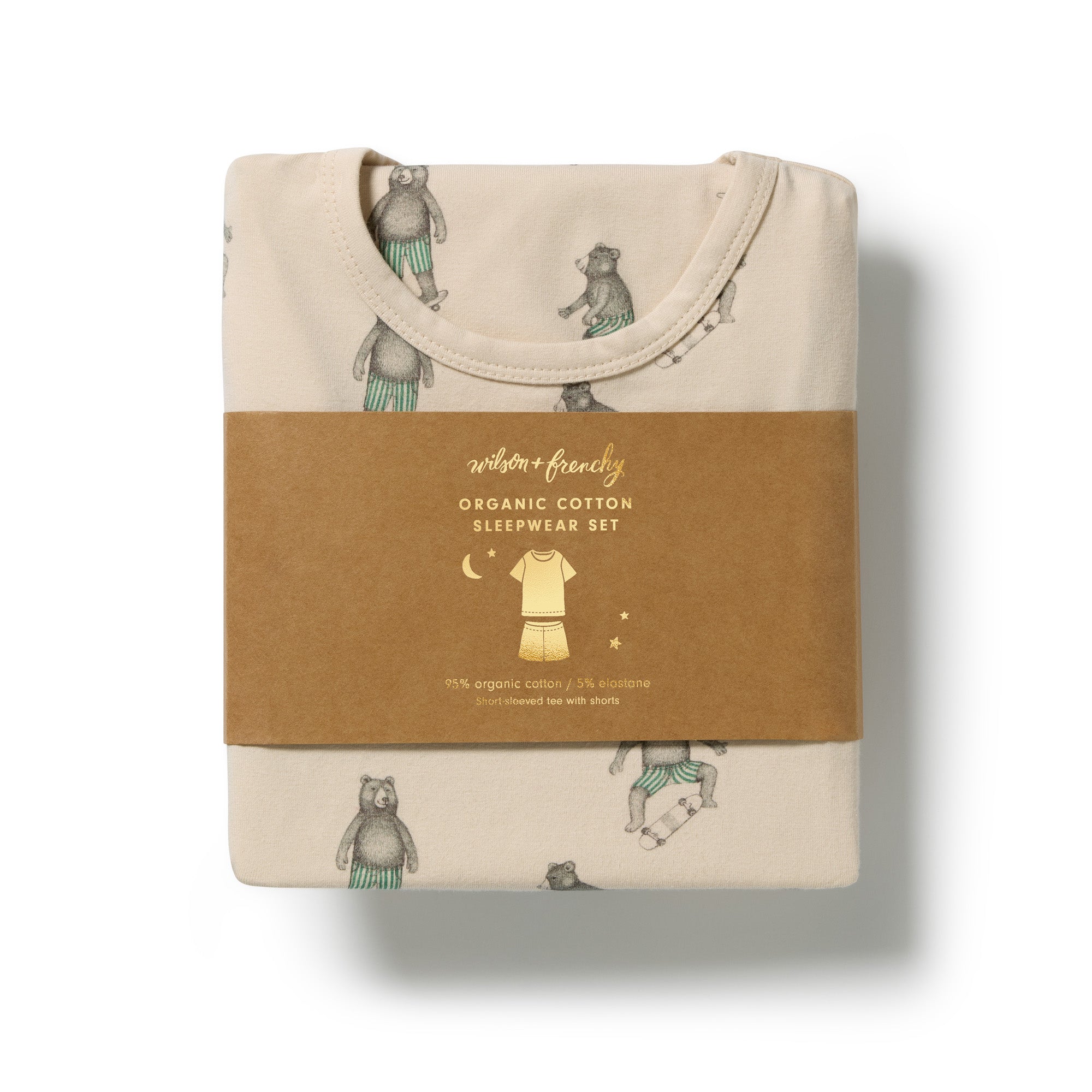 Wilson & Frenchy Kids Skater Club  Organic Short sleeve Pyjamas at Cerise. Featuring a lightweight short-sleeve tee and relaxed mid-length shorts, this summer pyjama set offers an easy fit that gives kids plenty of freedom to move. The soft elasticated waistband sits gently on little tummies, making these organic cotton pyjamas comfortable enough for bedtime, lazy mornings and lounging at home.