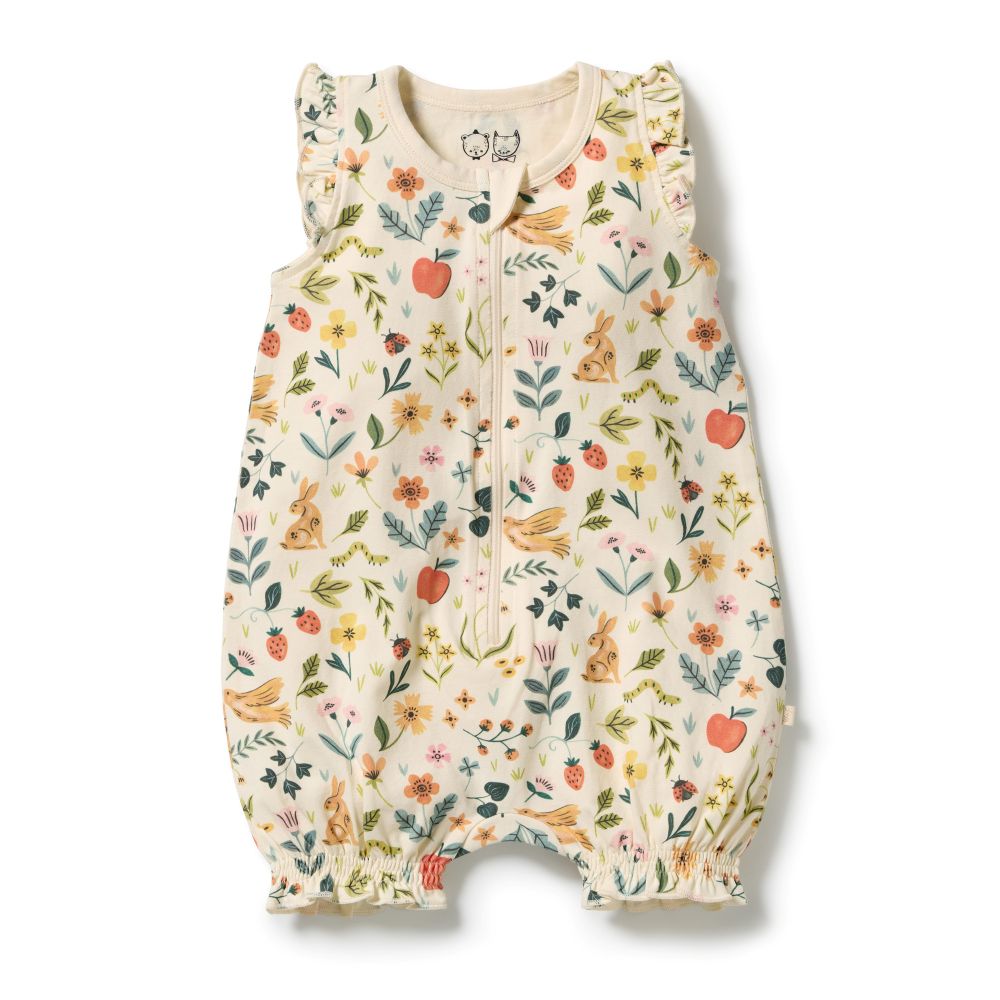 Wilson & frenchy Summer Garden Organic Ruffle Zipsuit at Cerise. Featuring an enchanting all-over Summer Garden print, this baby zipsuit is finished with adorable ruffle cap sleeves for a playful, feminine touch. The comfortable design allows plenty of freedom for little ones to move, play and explore.

A convenient two-way zip through the centre front makes dressing and nappy changes quick and easy, while shirring around the leg openings provides a flexible, comfortable fit that accommodates growing babies