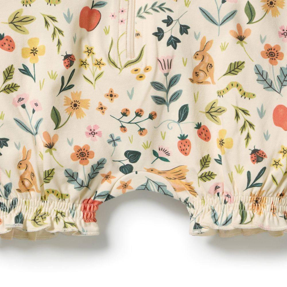 Wilson & frenchy Summer Garden Organic Ruffle Zipsuit at Cerise. Featuring an enchanting all-over Summer Garden print, this baby zipsuit is finished with adorable ruffle cap sleeves for a playful, feminine touch. The comfortable design allows plenty of freedom for little ones to move, play and explore.

A convenient two-way zip through the centre front makes dressing and nappy changes quick and easy, while shirring around the leg openings provides a flexible, comfortable fit that accommodates growing babies