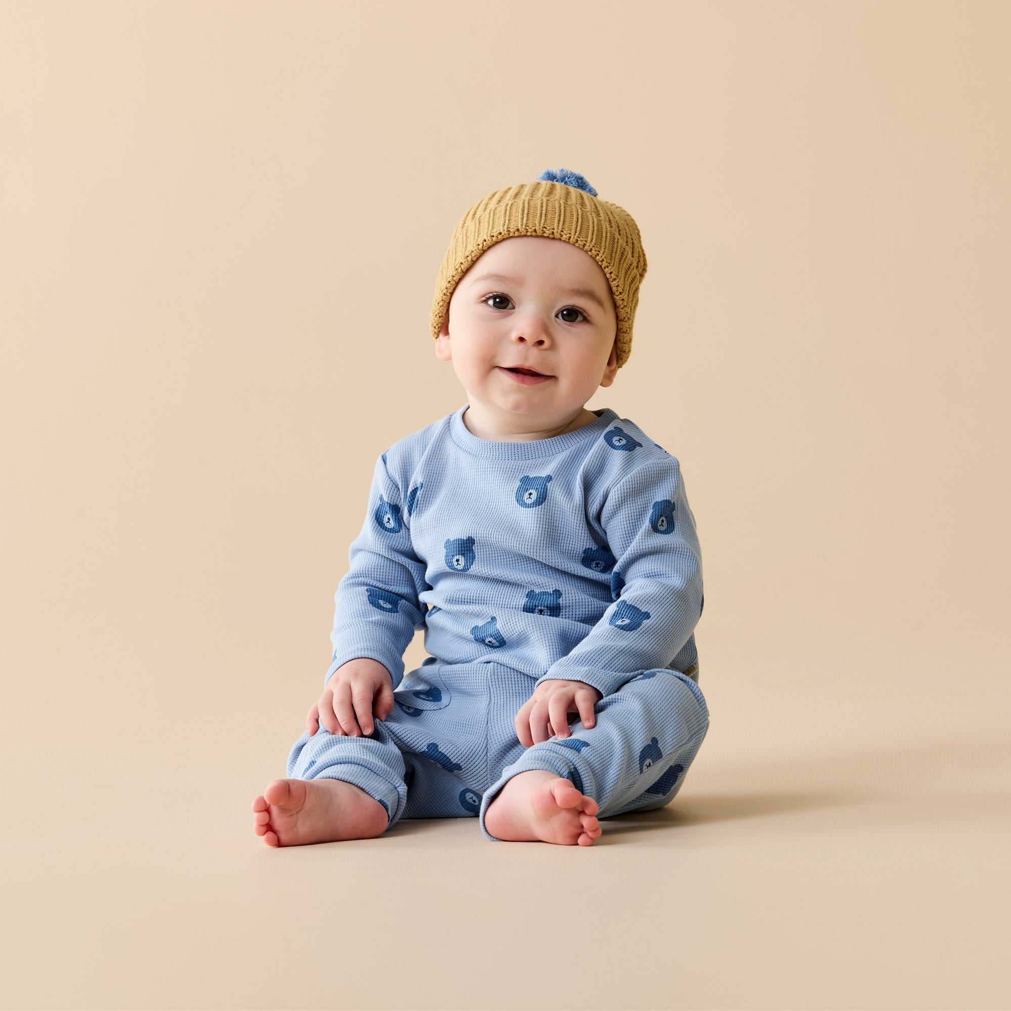 Wilson & Frenchy Organic cotton two piece Waffle Set for babies and children with long sleeve crew neck top and drawstring waist pants in Bear Hugs Blue print at Cerise NZ.