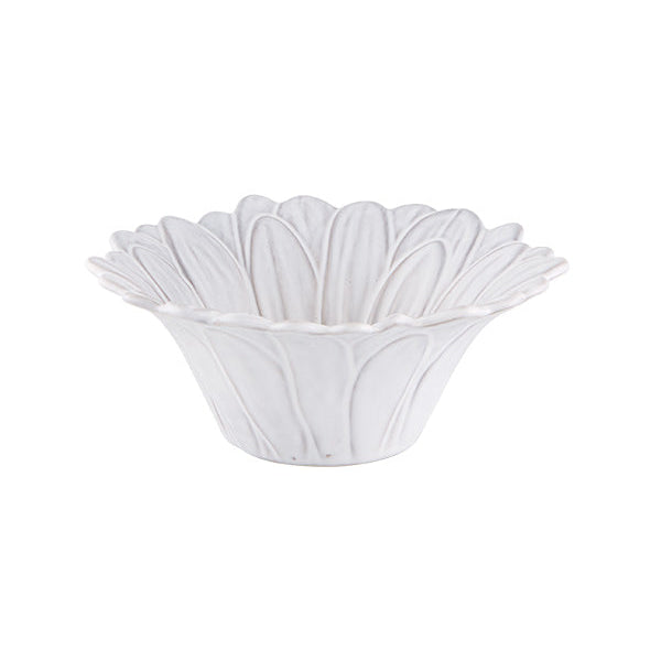 White daisy decorative bowl with scalloped edge on a white background