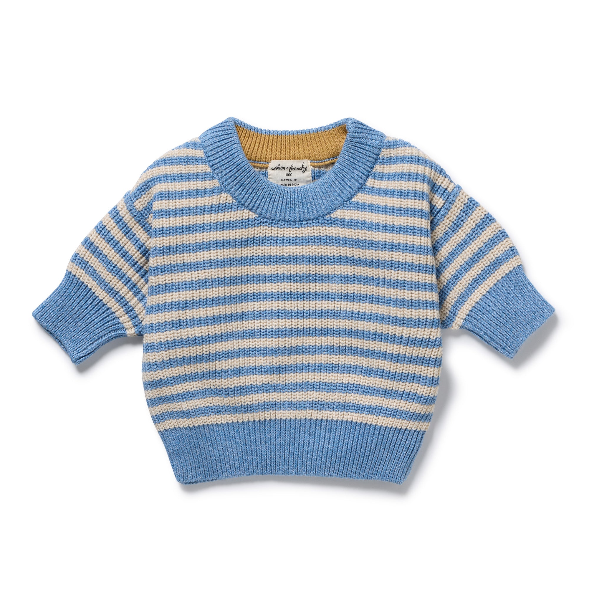 Wilson & Frenchy Frosted Blue chunky rib knitted cotton jumper. Features blue and beige stripes with blue cuffs and blue crew neck at Cerise NZ