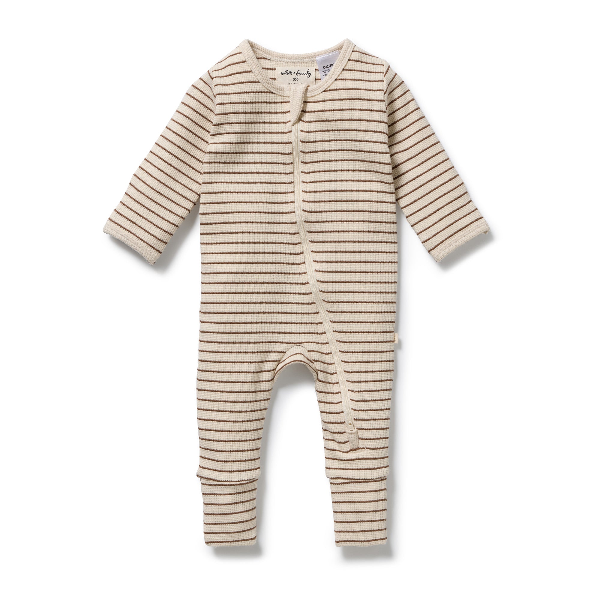 Wilson and Frenchy Nutmeg Stripe Zipsuit. Made from Organic Cotton Waffle with zip front at Cerise NZ