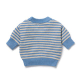 Wilson & Frenchy Frosted Blue chunky rib knitted cotton jumper. Features blue and beige stripes on the back and front with blue cuffs and blue crew neck at Cerise NZ