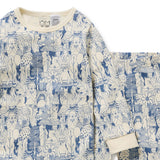 Wilson & Frenchy Long sleeved kids 2 piece pyjamas in a blue and off white woodland animal print with ribbed crew neck and cuffs at Cerise