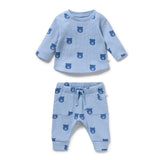 Wilson & Frenchy Organic cotton Waffle Set with long sleeve crew neck top and drawstring waist pants in Bear Hugs Blue print at Cerise NZ.