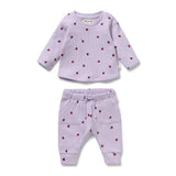 Wilson & Frenchy Organic cotton Waffle Set with long sleeve crew neck top and drawstring waist pants in Berry Plums lilac print at Cerise NZ.