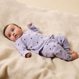 Wilson & Frenchy Organic cotton Waffle two piece Set for babies and children with long sleeve crew neck top and drawstring waist pants in Berry Plums print at Cerise NZ.