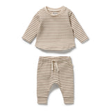 Wilson & Frenchy Organic cotton Waffle Set with long sleeve crew neck top and drawstring waist pants in Nutmeg stripes print at Cerise NZ.