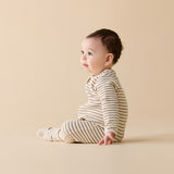 Wilson and Frenchy Nutmeg Stripe Zipsuit for babies.  Made from Organic Cotton Waffle with two way zip closure at Cerise NZ