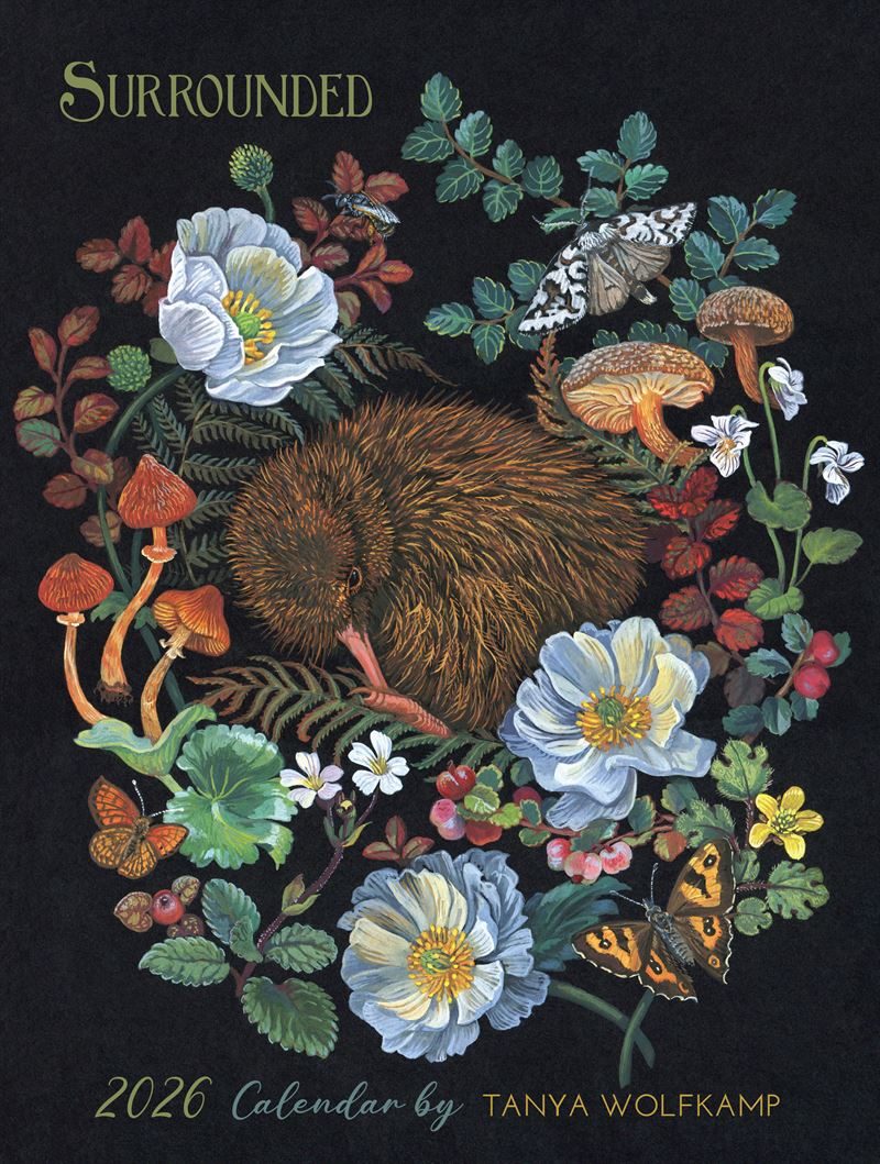 2026 Wolfkamp Calendar titled "surrounded" featuring New Zealand native flora and fauna