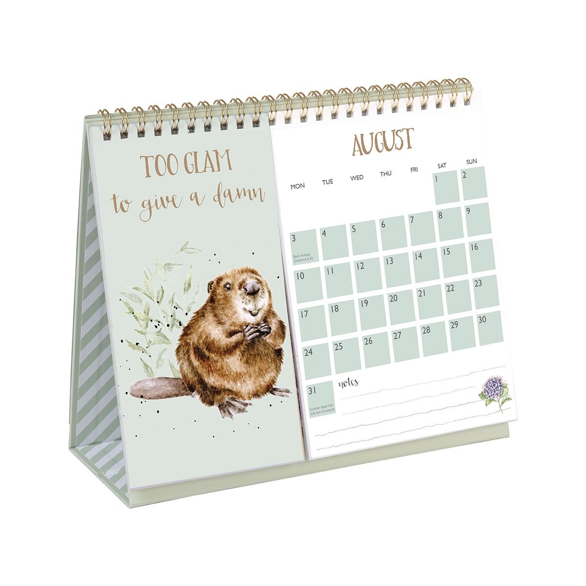 Desk calendar with a beaver illustration and text 'Too glam to give a damn' on a white background.