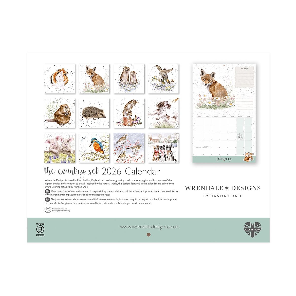 Back page of Wrendale calendar showing monthly illustrations