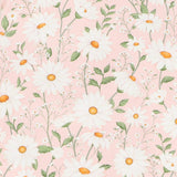Floral pattern with white flowers and green leaves on a pink background