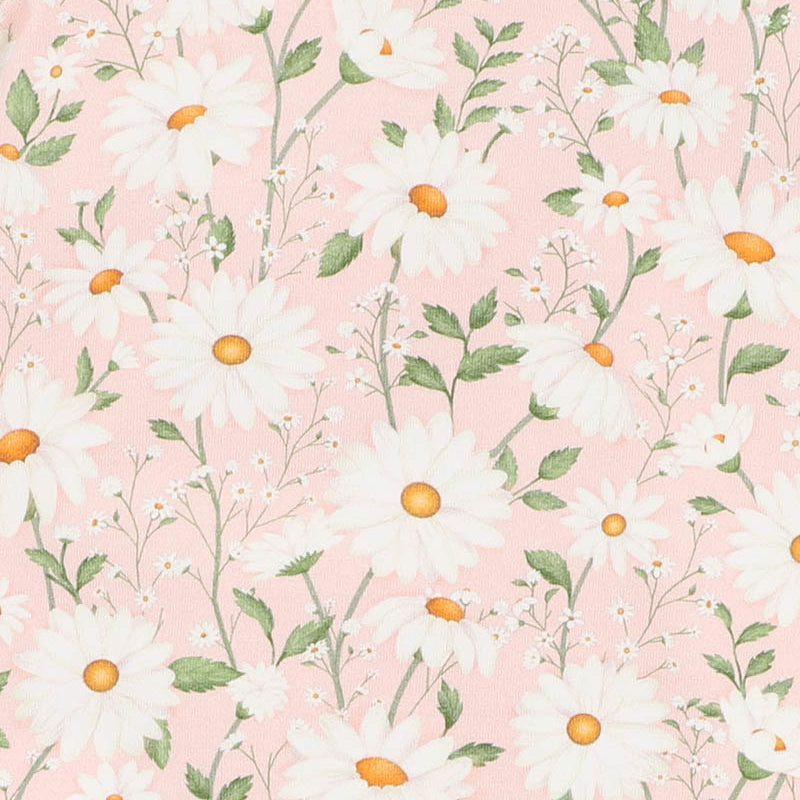 Floral pattern with white flowers and green leaves on a pink background