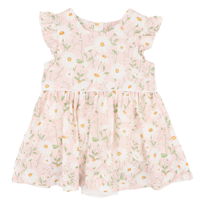 Floral dress with ruffled sleeves with white daisys on a pink background
