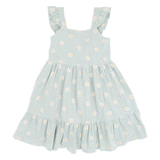 Soft green dress with white emboidered daisies and flutter sleeves