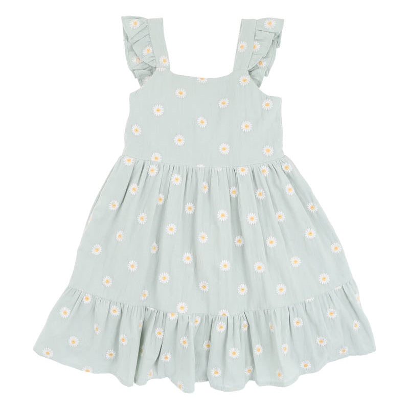 Soft green dress with white emboidered daisies and flutter sleeves