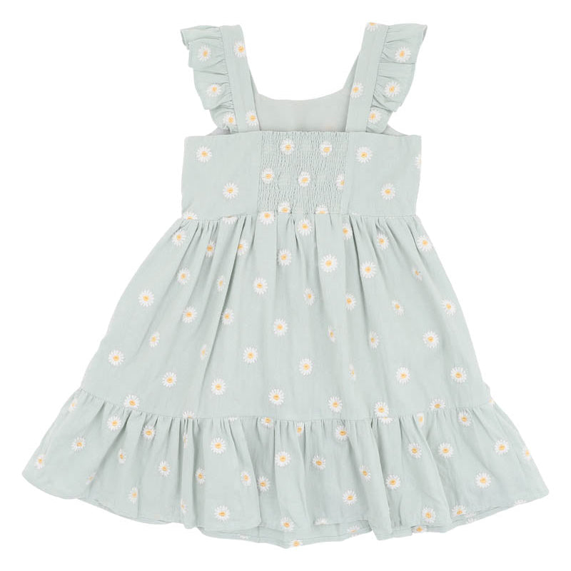 Soft green dress with white emboidered daisies and flutter sleeves