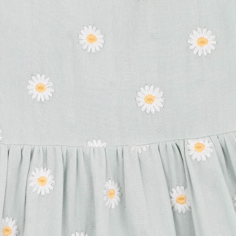 Soft green dress with white emboidered daisies and flutter sleeves