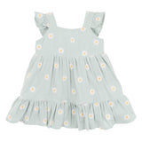 Soft green with white daisy print sun  dress with flutter sleeves