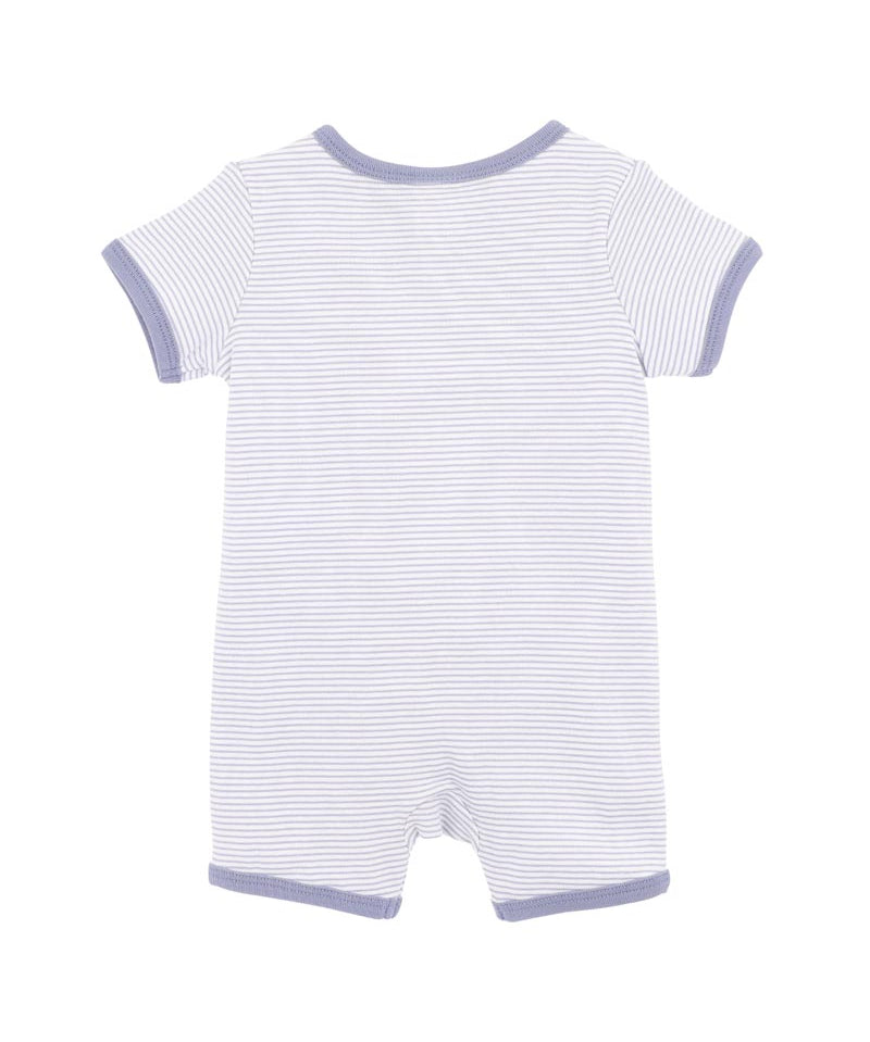 White baby romper with blue stripes on a white background