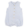 Baby romper with blue and white check pattern on a white background