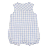 Blue and white checkered baby romper on a white background