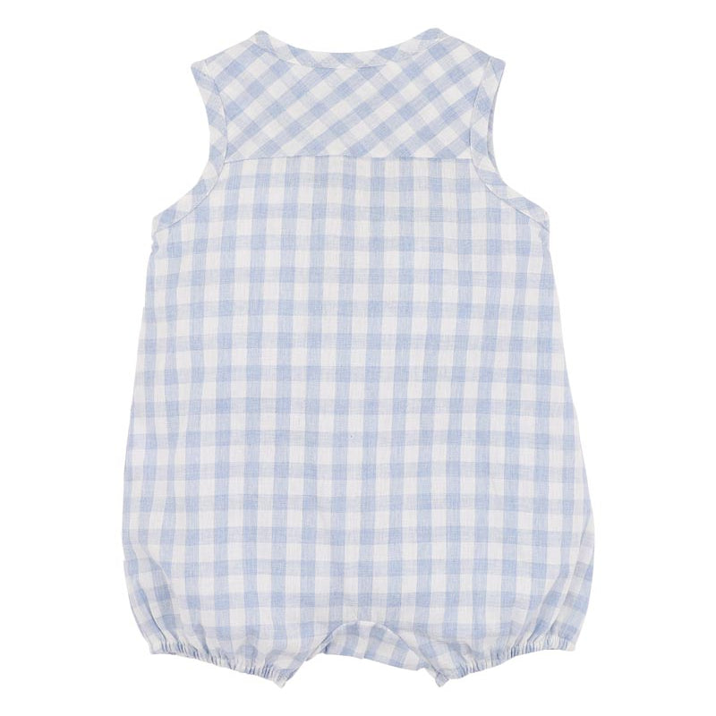 Blue and white checkered baby romper on a white background
