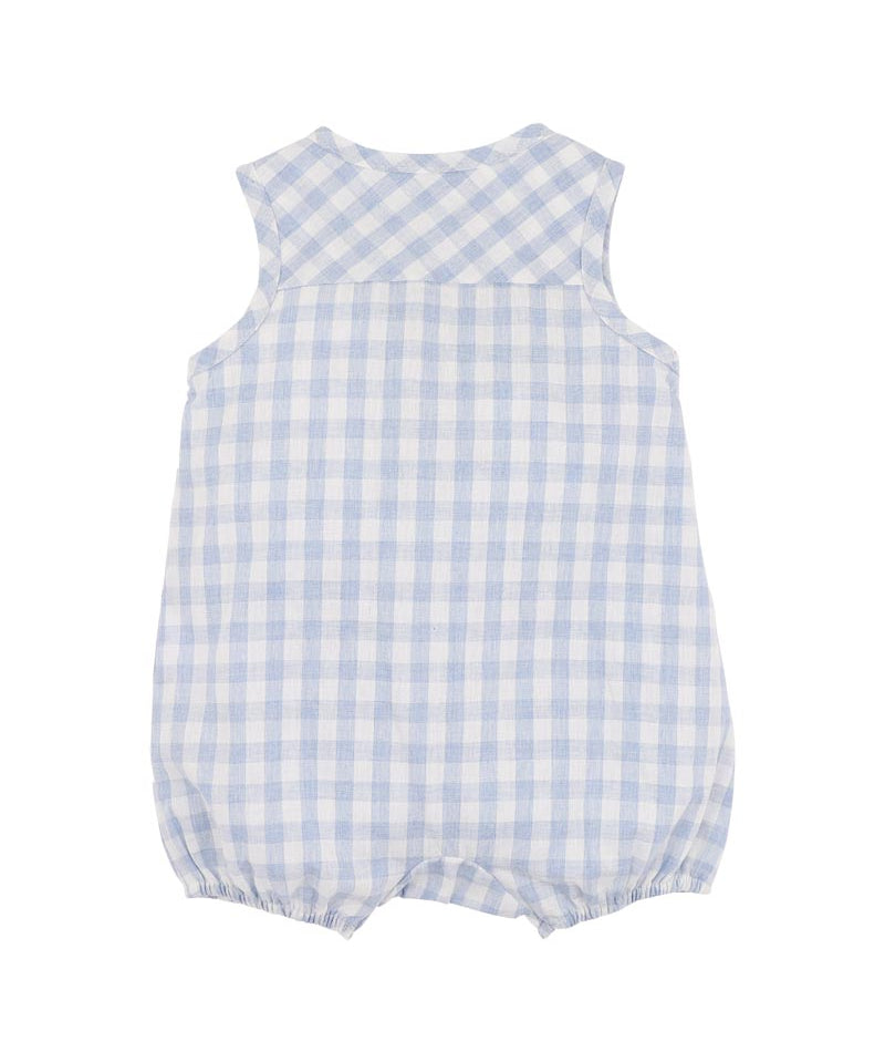 Blue and white checkered baby romper on a white background