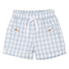 Blue and white checkered shorts with a drawstring on a white background