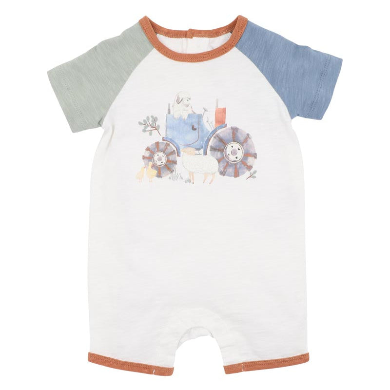 Baby romper in white with green and white sleevews and a tractor print on the front.