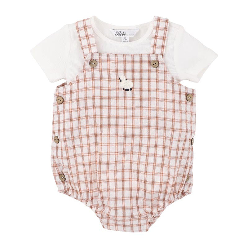 Checkered romper with white shirt with embnroidered sheep on romper