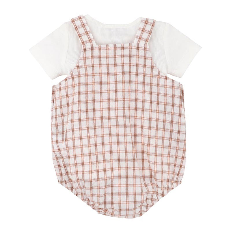 Checkered romper with white shirt with embnroidered sheep on romper