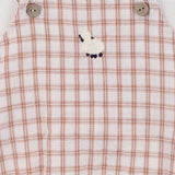 Checkered romper with white shirt with embnroidered sheep on romper