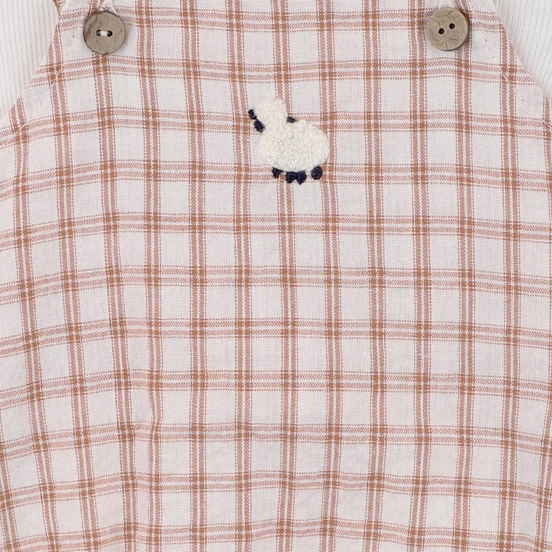 Checkered romper with white shirt with embnroidered sheep on romper