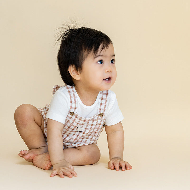 Checkered romper with white shirt with embnroidered sheep on romper