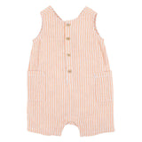Melon striped cotton romper with natural wood buttons