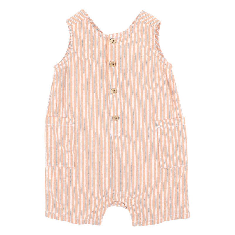 Melon striped cotton romper with natural wood buttons