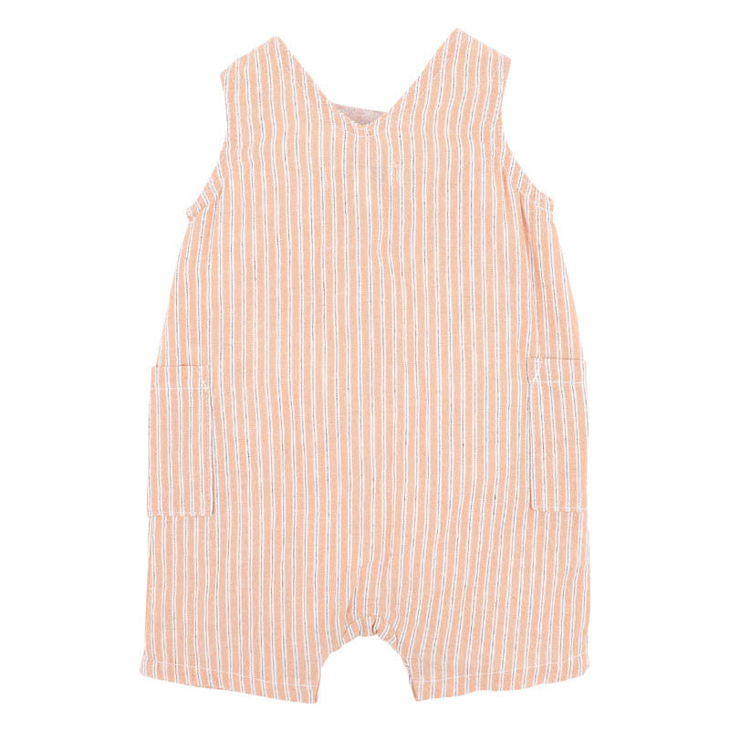 Melon striped cotton romper with natural wood buttons