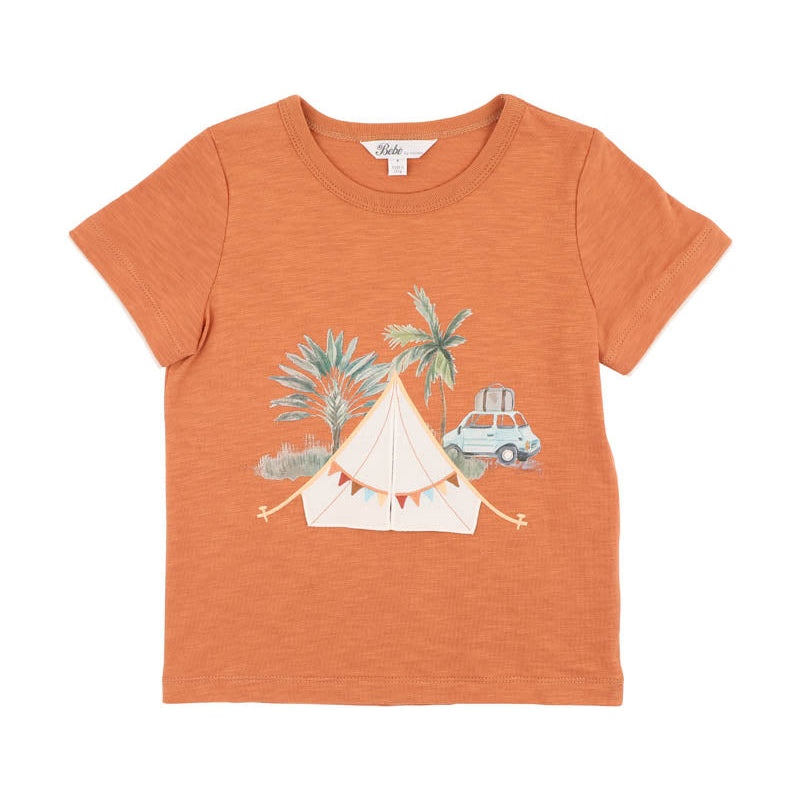 Childrens rust coloured tee shirt with a campling graphic on the front