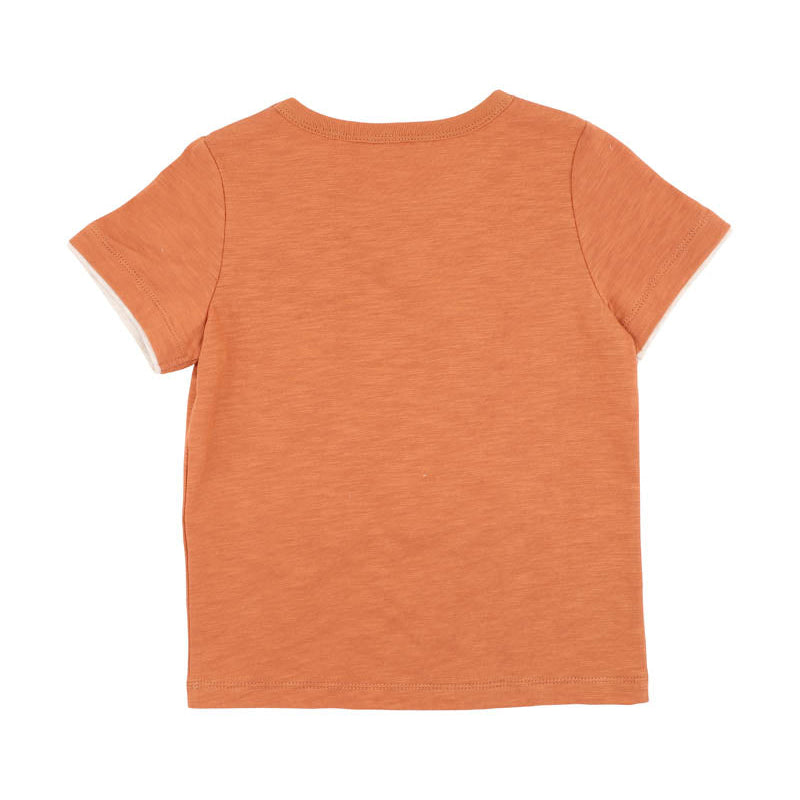 Childrens rust coloured tee shirt with a campling graphic on the front