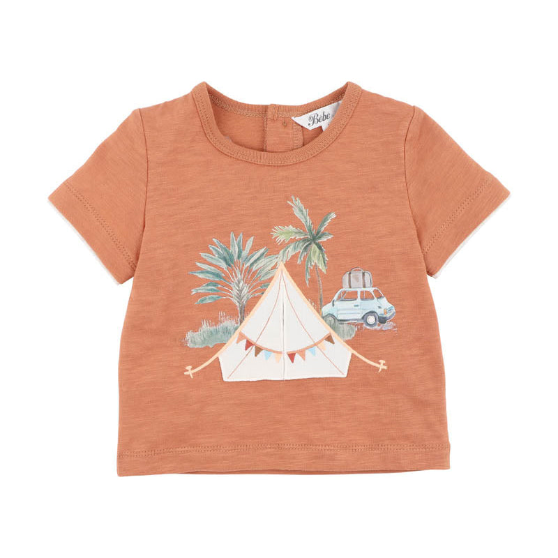 Childrens rust coloured tee shirt with a campling graphic on the front
