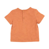 Childrens rust coloured tee shirt with a campling graphic on the front